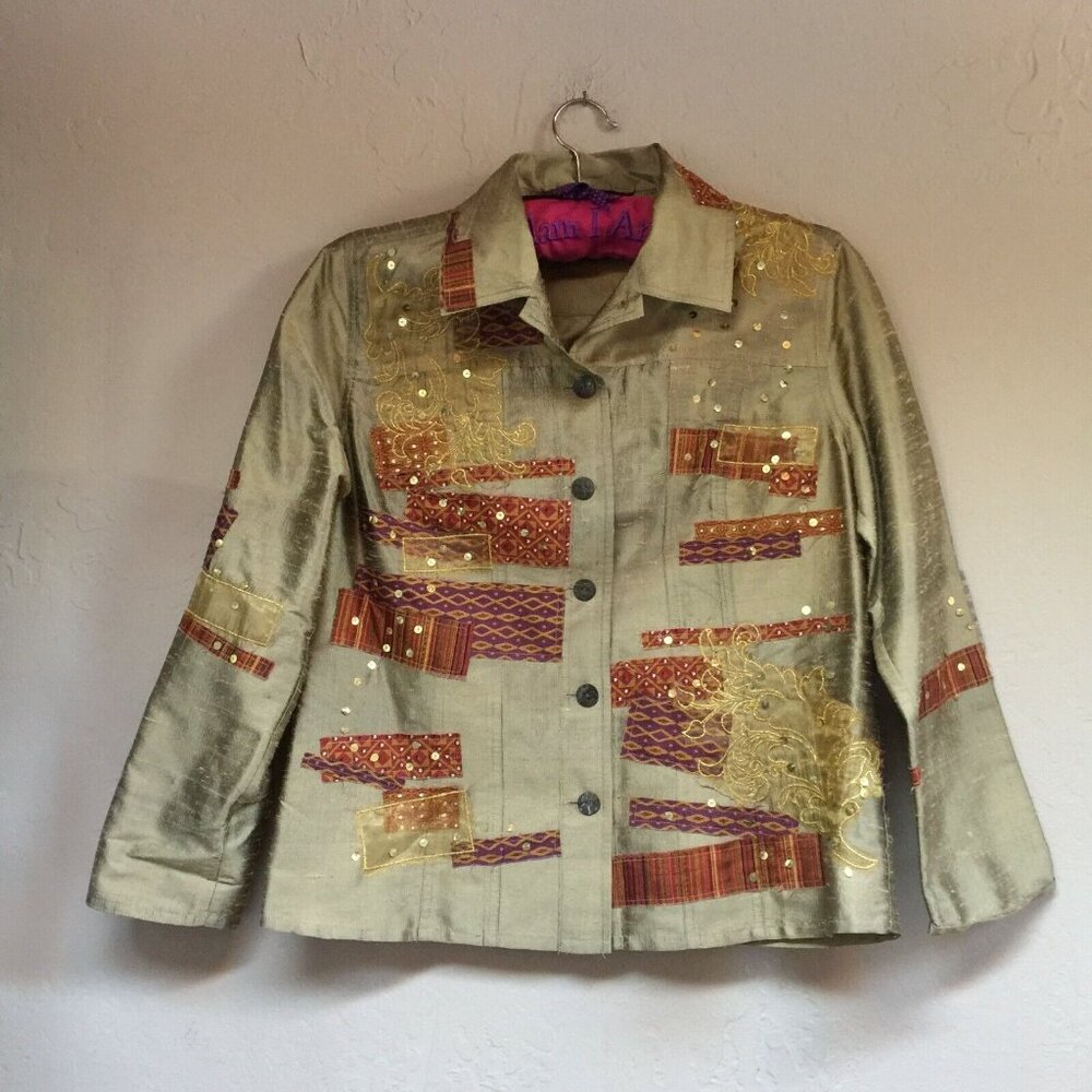 Ios Women's Small Patchwork Sequin Embellished Silk Jacket Brown Lightweight